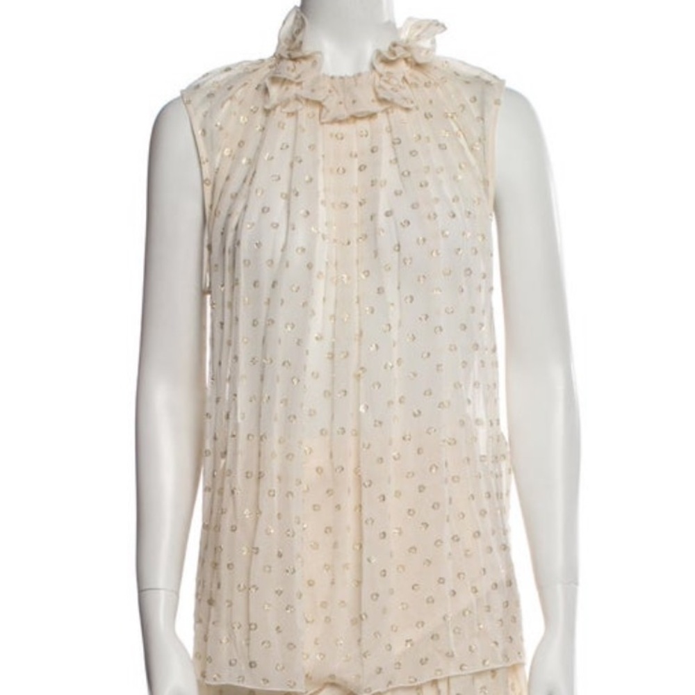 Cream Chiffon Sleeveless Top with Subtle Dot Print